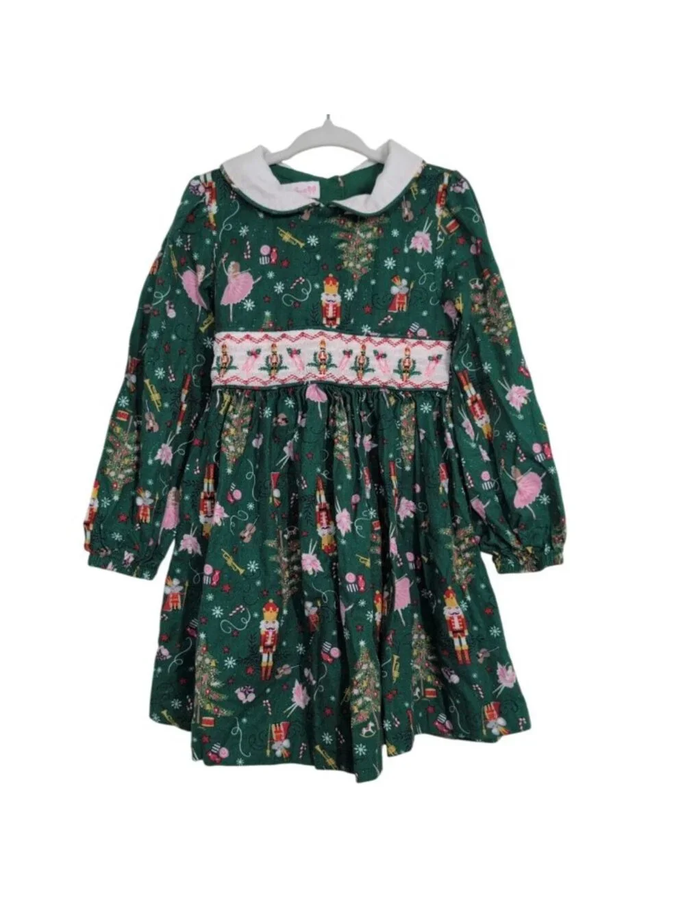Bonnie Jean Nutcracker Dress Girls Size 5 Green Christmas Ballet Smocked Cotton